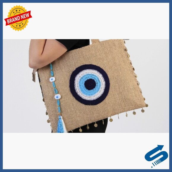 Large Jute Tote Bag with Evil Eye Design, Zipper Closure, Water-Resistant Lining - Picture 6 of 6